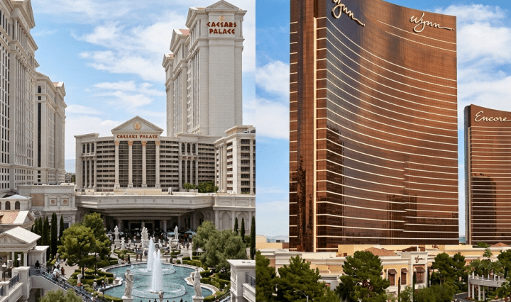 Split view of Caesars Palace and Wynn Encore resorts in Las Vegas
