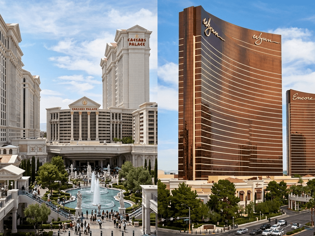 Split view of Caesars Palace and Wynn Encore resorts in Las Vegas